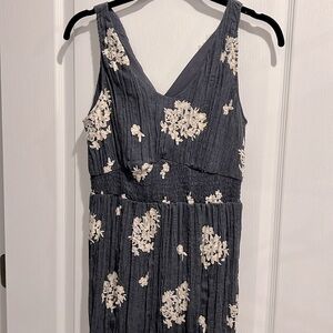Westport Floral Maxi. navy greyish crepe material w off white crochet flowers